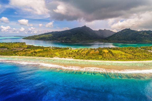 Aerial View of Motu Island of Huahine, Tahiti, French Polynesia