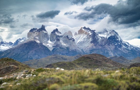 Breathtaking landscape of the Torres del Paine mountain range in Patagonia, Chile.